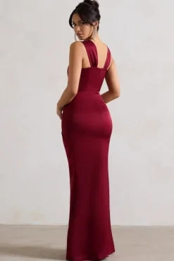 A Romantic | Berry Satin Corset Wrap Maxi Dress