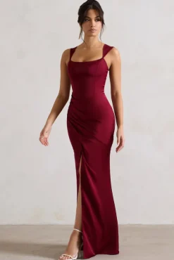 A Romantic | Berry Satin Corset Wrap Maxi Dress