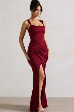 A Romantic | Berry Satin Corset Wrap Maxi Dress