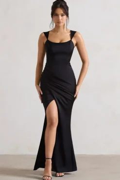A Romantic | Black Satin Corset Wrap Maxi Dress