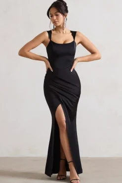 A Romantic | Black Satin Corset Wrap Maxi Dress