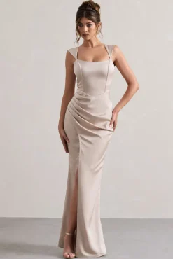 A Romantic | Champagne Satin Corset Wrap Maxi Dress