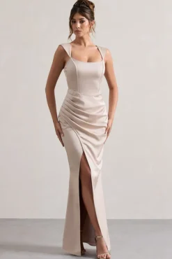 A Romantic | Champagne Satin Corset Wrap Maxi Dress