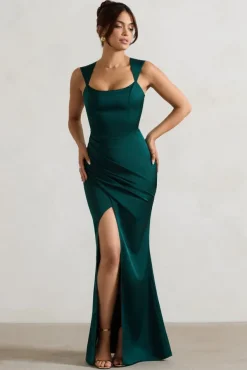 A Romantic | Green Satin Corset Wrap Maxi Dress