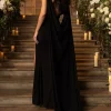 A Toast | Black Split Maxi Dress With Draped Cape