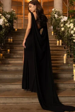 A Toast | Black Split Maxi Dress With Draped Cape