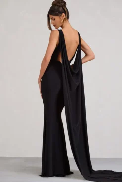 A Toast | Black Split Maxi Dress With Draped Cape