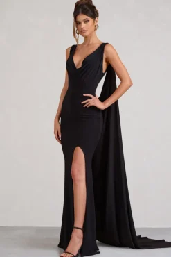 A Toast | Black Split Maxi Dress With Draped Cape