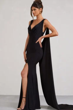 A Toast | Black Split Maxi Dress With Draped Cape