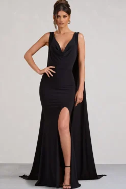 A Toast | Black Split Maxi Dress With Draped Cape