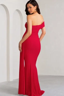 Aaliyah | Red Asymmetric Bardot Maxi Dress with Drape