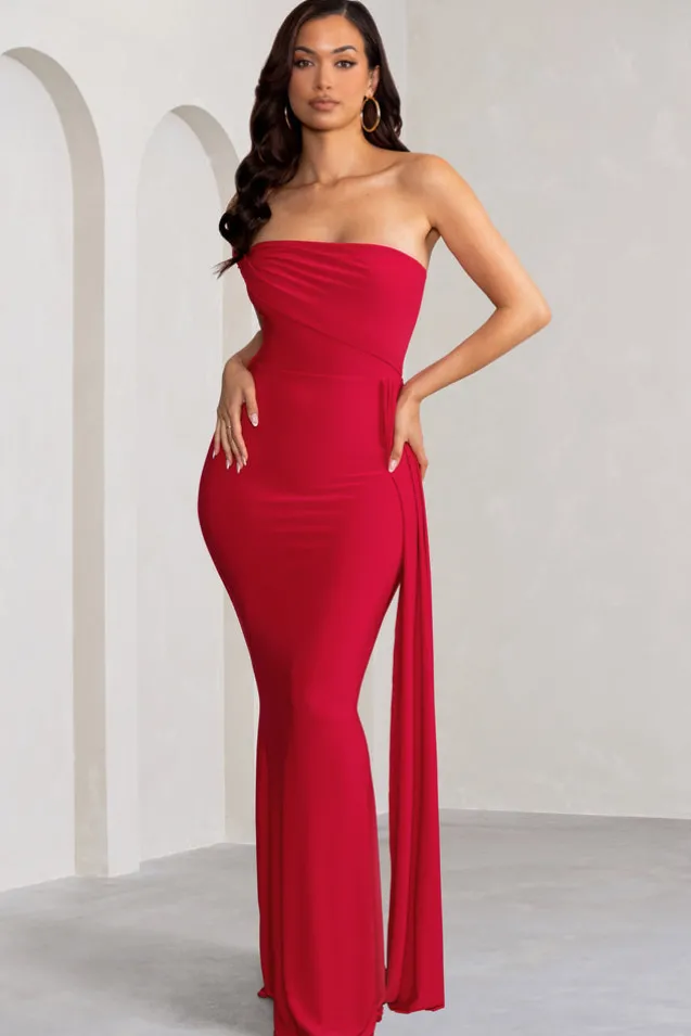 Aaliyah | Red Asymmetric Bardot Maxi Dress with Drape