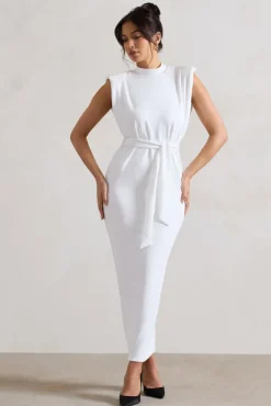 Abbie | White High-Neck Maxi Dress With Tie Waist