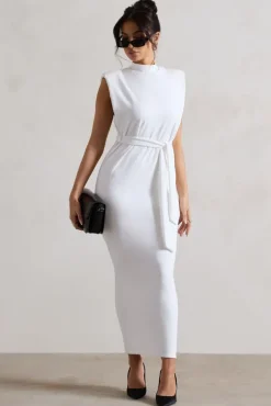 Abbie | White High-Neck Maxi Dress With Tie Waist