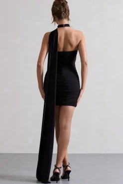 Abel | Black Ruched One Shoulder Mini Dress With Scarf