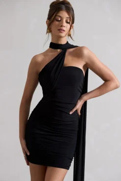 Abel | Black Ruched One Shoulder Mini Dress With Scarf