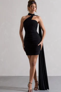 Abel | Black Ruched One Shoulder Mini Dress With Scarf
