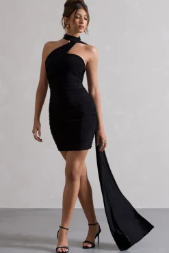 Abel | Black Ruched One Shoulder Mini Dress With Scarf