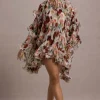 Abelia | Cream Floral Print High-Neck Cape-Sleeve Chiffon Mini Dress