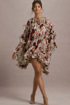 Abelia | Cream Floral Print High-Neck Cape-Sleeve Chiffon Mini Dress