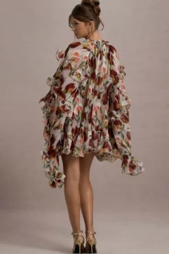 Abelia | Cream Floral Print High-Neck Cape-Sleeve Chiffon Mini Dress
