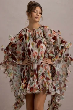 Abelia | Cream Floral Print High-Neck Cape-Sleeve Chiffon Mini Dress