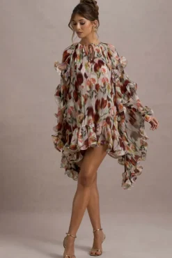 Abelia | Cream Floral Print High-Neck Cape-Sleeve Chiffon Mini Dress