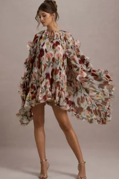 Abelia | Cream Floral Print High-Neck Cape-Sleeve Chiffon Mini Dress