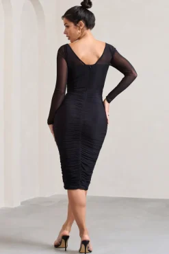 Abiba | Black Ruched Front Corset Midi Dress With Long Sleeves