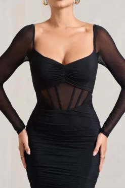 Abiba | Black Ruched Front Corset Midi Dress With Long Sleeves