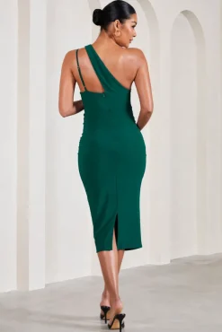 Abigail | Bottle Green Sleeveless Asymmetric Maternity Midi Dress