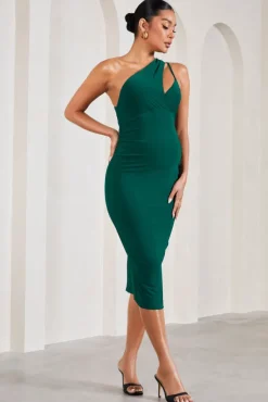 Abigail | Bottle Green Sleeveless Asymmetric Maternity Midi Dress
