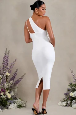 Abigail | White Sleeveless Asymmetric Maternity Midi Dress
