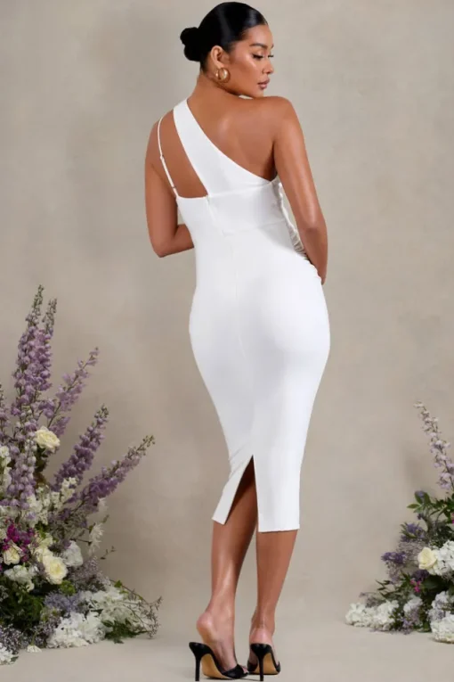 Abigail | White Sleeveless Asymmetric Maternity Midi Dress