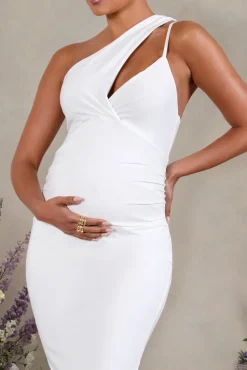 Abigail | White Sleeveless Asymmetric Maternity Midi Dress
