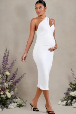 Abigail | White Sleeveless Asymmetric Maternity Midi Dress