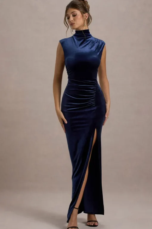 Abilene | Navy Velvet High-Neck Split Maxi Dress