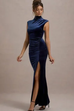 Abilene | Navy Velvet High-Neck Split Maxi Dress