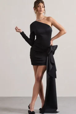 Abstract | Black One Shoulder Mini Dress With Side Drape