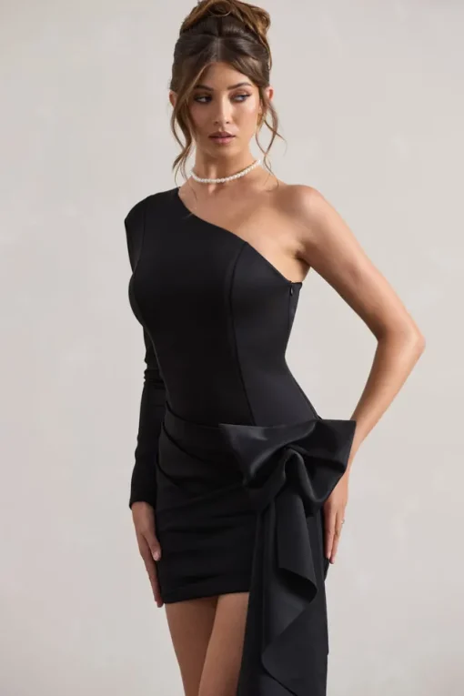 Abstract | Black One Shoulder Mini Dress With Side Drape