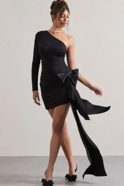 Abstract | Black One Shoulder Mini Dress With Side Drape