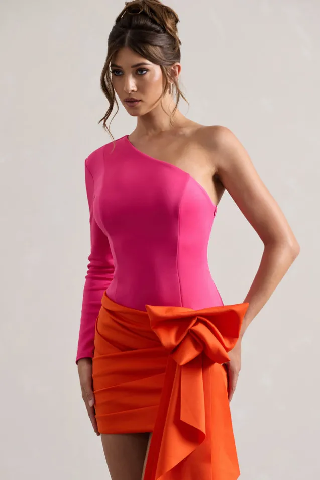 Abstract | Pink u0026 Orange One Shoulder Mini Dress With Side Drape