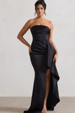 Ace | Black Satin Bandeau Split Maxi Dress With Ruffle Drape