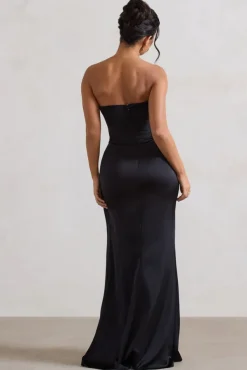 Ace | Black Satin Bandeau Split Maxi Dress With Ruffle Drape