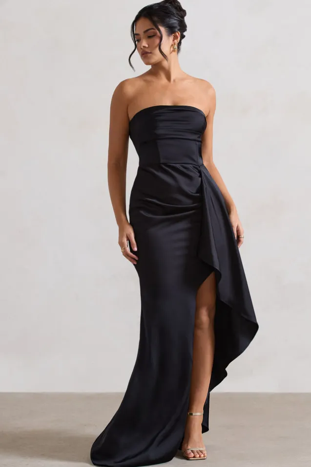 Ace | Black Satin Bandeau Split Maxi Dress With Ruffle Drape