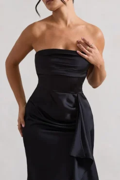 Ace | Black Satin Bandeau Split Maxi Dress With Ruffle Drape