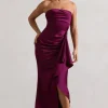 Ace | Plum Satin Bandeau Split Maxi Dress With Ruffle Drape