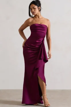 Ace | Plum Satin Bandeau Split Maxi Dress With Ruffle Drape