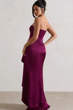 Ace | Plum Satin Bandeau Split Maxi Dress With Ruffle Drape