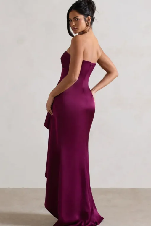 Ace | Plum Satin Bandeau Split Maxi Dress With Ruffle Drape